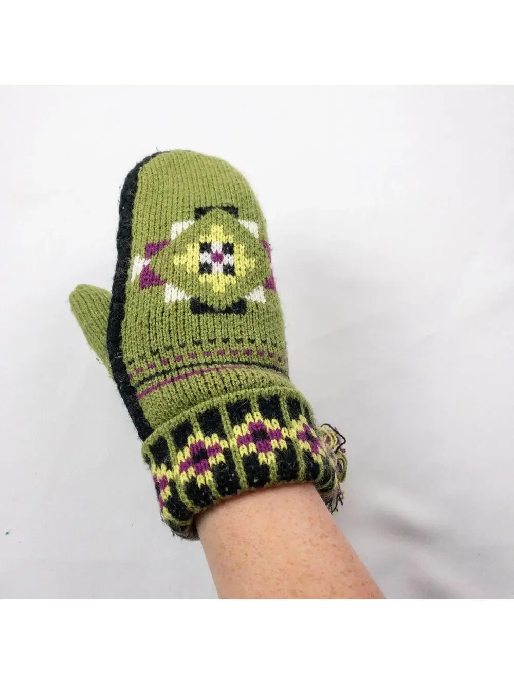 Anthropologie Green Fair Isle Knit Mittens Womens One Size